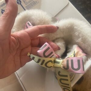 Juicy Couture Plush Fur Slide with Pastel Logo Bow - Pink & Yellow & Cream
